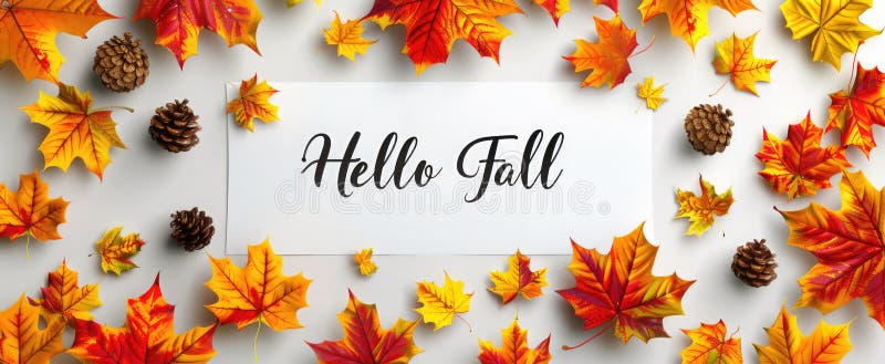 Autumn-themed composition with colorful leaves and pine cones around a "Hello Fall" sign on a white background. royalty free stock photography