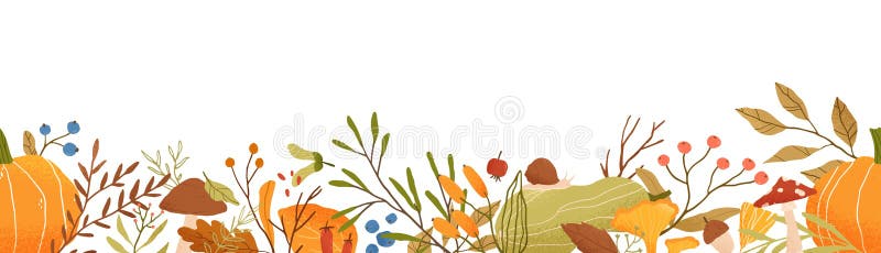 Autumn themed horizontal vector seamless pattern. Fall season nature decorative floral texture. Tree foliage, vegetables stock illustration
