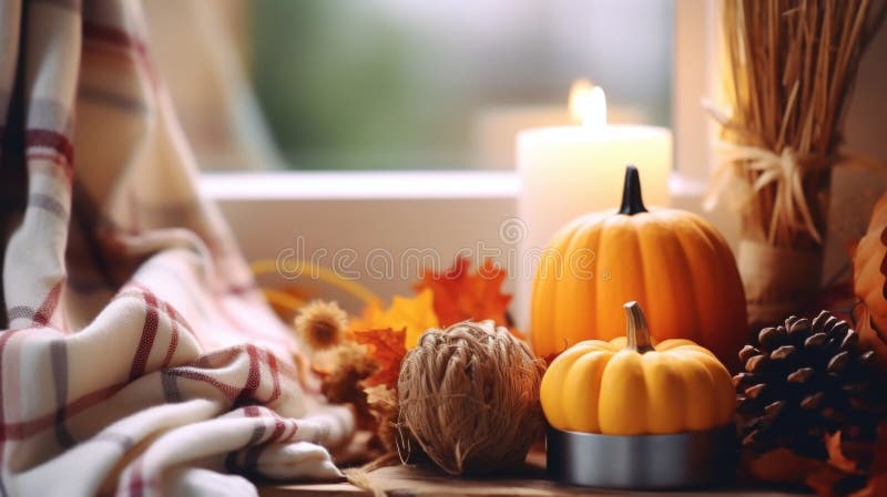 Autumn themed table setting with pumpkins and candle. Perfect for seasonal events