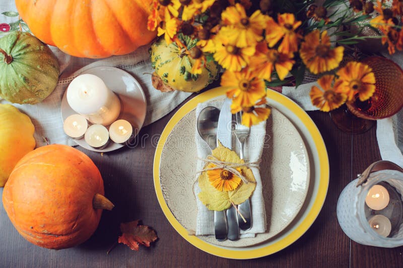 Autumn Traditional Seasonal Table Setting at Home with Pumpkins ...