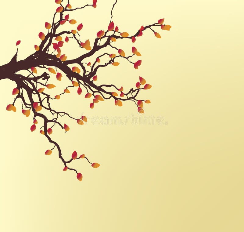 Autumn colored leaves adorn a scraggly tree on a yellow background. Autumn colored leaves adorn a scraggly tree on a yellow background.