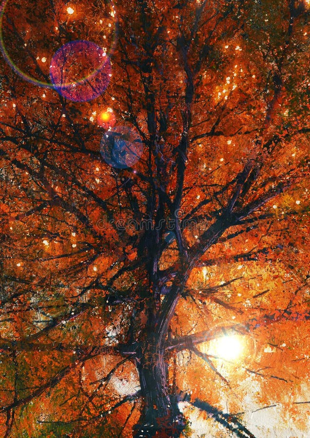 Autumn tree and red leaves in sun ray