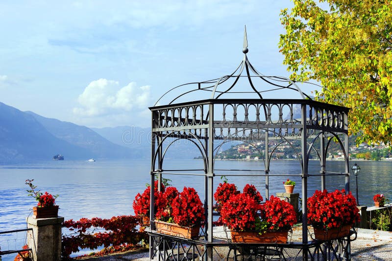 Autumn view from Sale Marasino over Iseo Lake. Marone town to the right. stock photos Autumn view from Sale Marasino over Iseo Lake. Marone town to the right. stock photos