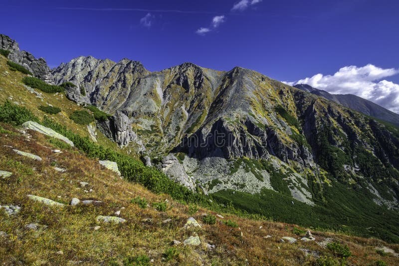 Autumn view of sunny mountains in High Tatras