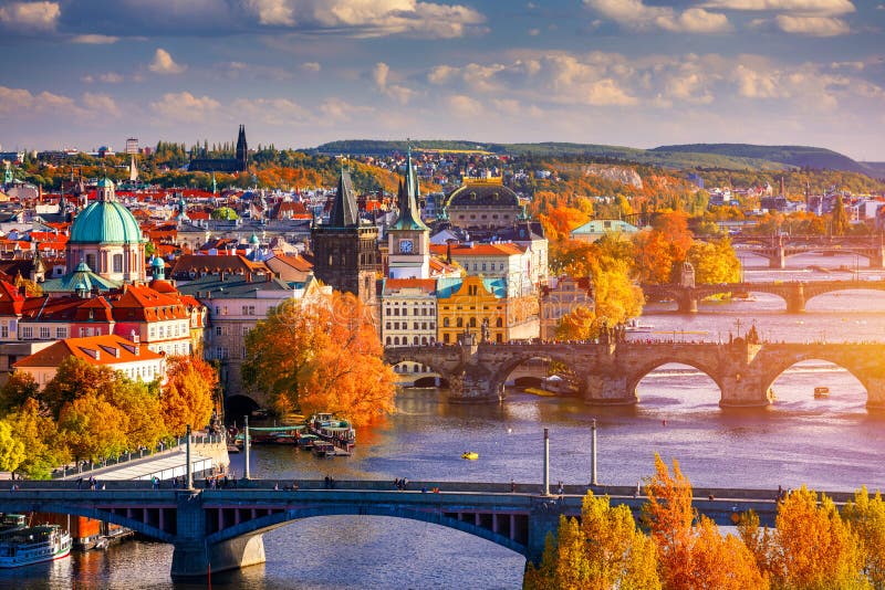 Autumn View To Charles Bridge on Vltava River in Prague, Czech Republic. Autumn View To Charles Bridge, Prague Old Town and Vltava Stock Photo - Image of charles, landmark: 156851582