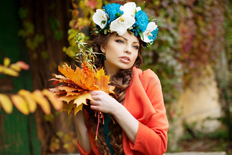 Autumn Woman on Background Fall Landscape Leaves of Trees. Girl Stock ...