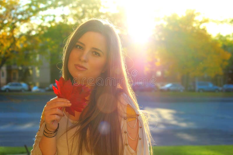 Autumn woman bathed in sunlight, holding maple leaves