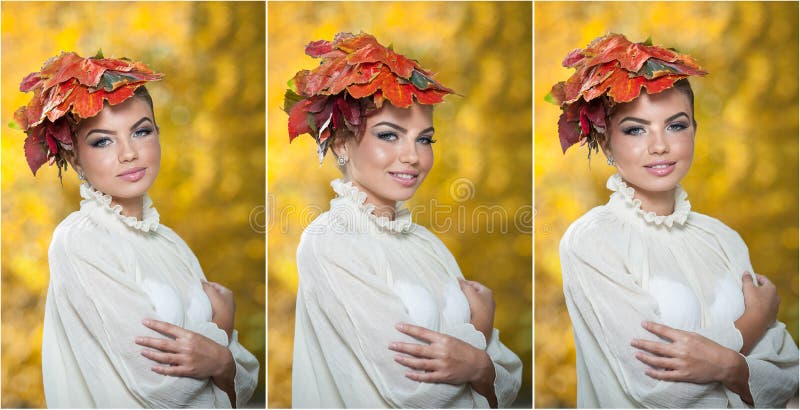 Autumn Woman. Beautiful creative makeup and hair style in outdoor shoot. Beauty Fashion Model Girl with Autumnal Make up and Hair