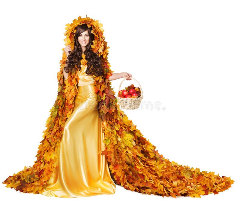 Autumn Woman in Fall Leaves Apples, Model Girl Fashion Yellow Dres