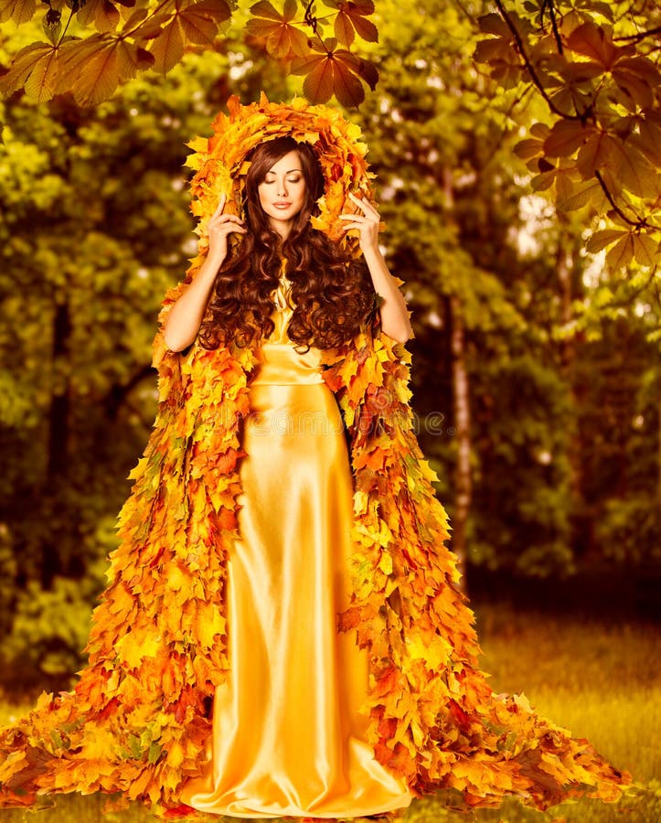 Autumn Woman, Fashion Model in Fall Forest, Yellow Leaves Dress