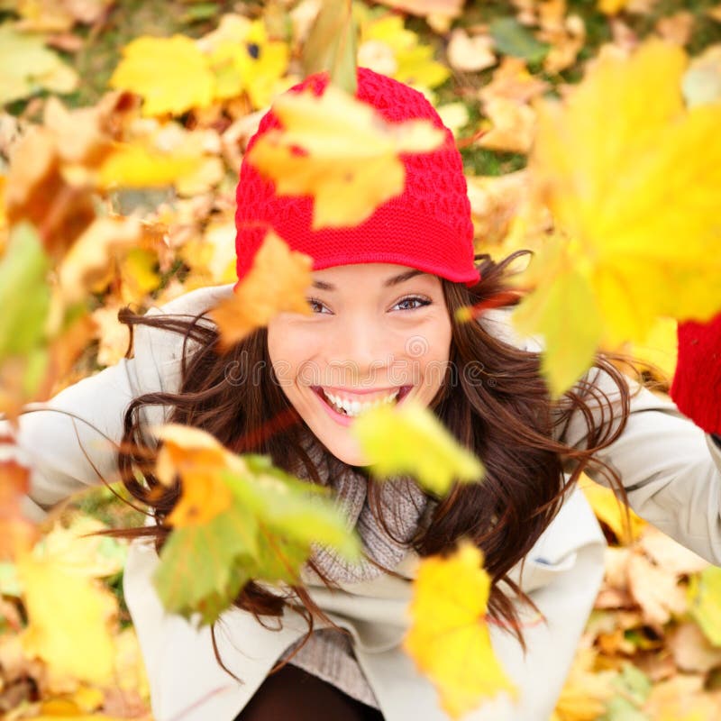 Happy Fall Woman Throwing Leaves Stock Image - Image of mixed, happy ...