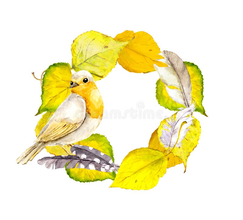 Autumn wreath frame with yellow leaves, feathers and bird.