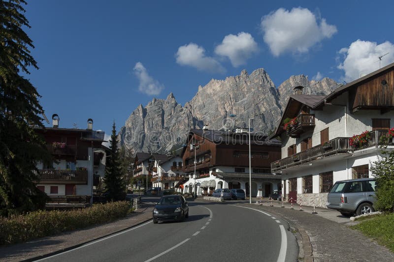 Autumnal corso Italia, the residential district in the town Cortina d`Ampezzo with mountain, Dolomite, Alps, Veneto. Italy, Europe royalty free stock photo Autumnal corso Italia, the residential district in the town Cortina d`Ampezzo with mountain, Dolomite, Alps, Veneto. Italy, Europe royalty free stock photo