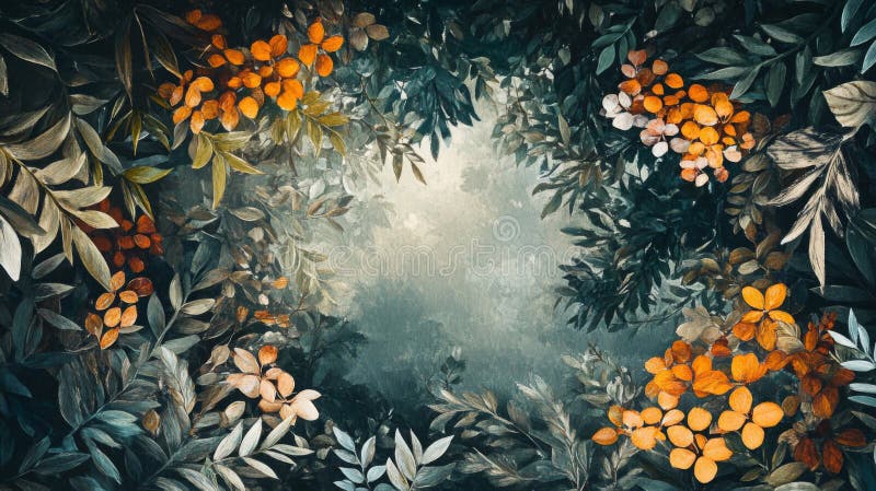 Autumnal Forest Path: Dark Green and Orange Leaves royalty free illustration