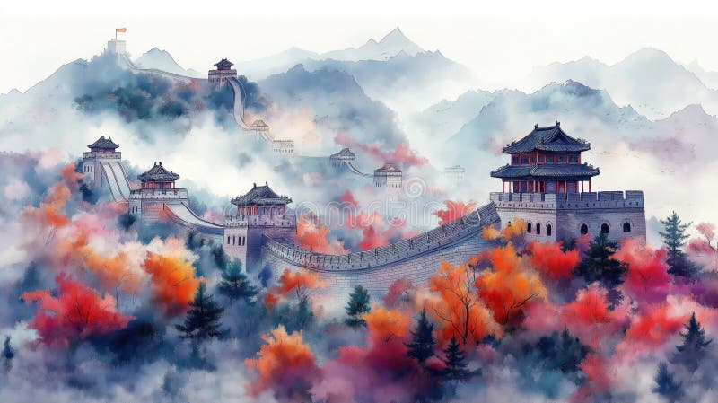 Autumnal Great Wall of China. Majestic ancient fortification climbs mountain slopes. Colorful trees with vibrant autumn foliage. vector illustration