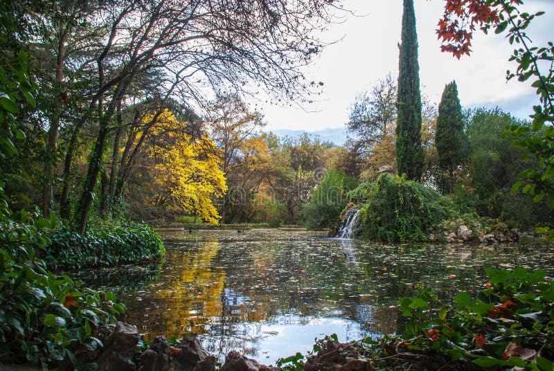 Autumnal landscape of pond with yellow, green trees and fallen leaves in the water in El Capricho park