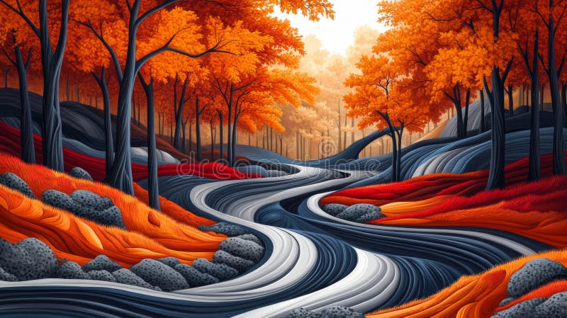 Autumnal pixated Forest Stream Landscape vektor abbildung