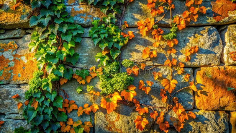 Autumnal vines cascading on a rustic stone wall. Generative AI vector illustration