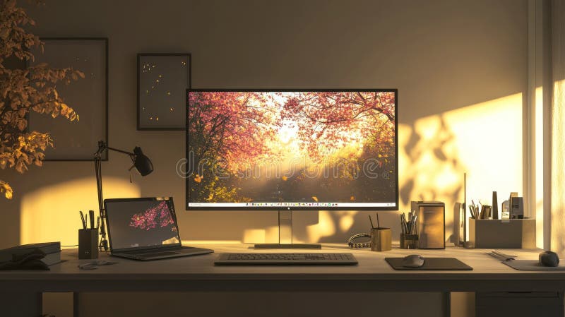 Autumnal workspace 3d иллюстрация golden hour desk setup с ноутбуком и настольным компьютером иллюстрация штока