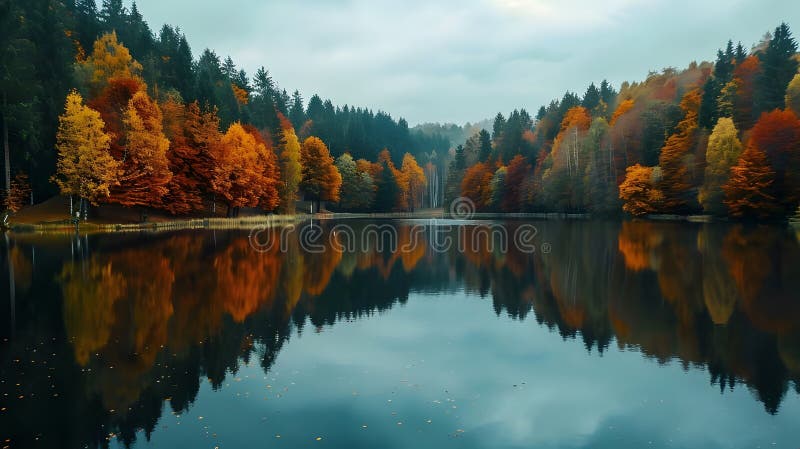 Autumns Embrace Serene Lake Reflète le feuillage d'automne vibrant Natures paisibles Symphonie colorée d'arbres et d'eau illustration de vecteur
