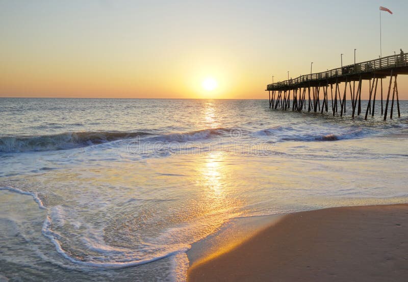 Avalon Pier at the Outer Banks of North Carolina at Sunrise Stock Image