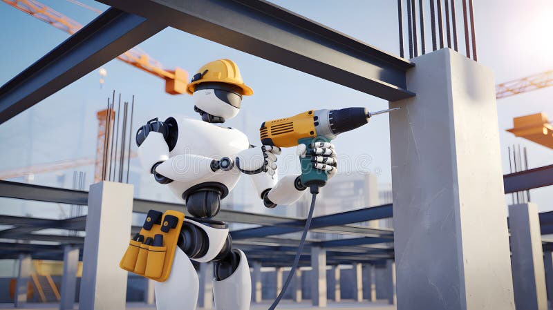 Avancerad byggarbetare Robot som anställer Power Drill för att fästa stålstråle vid aktiv byggarbetsplats, omgiven av kranar och betongpelare.