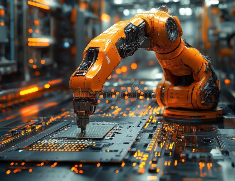 Avancerad robotrustning för att sätta ihop mikrochips i fabriksinställning för högteknologi royaltyfria foton