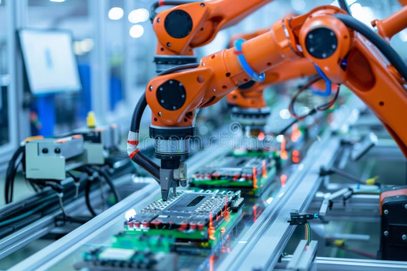 Avancerad robotrustning för sammanställning av elektronik på industriell automatiseringslinje royaltyfri bild