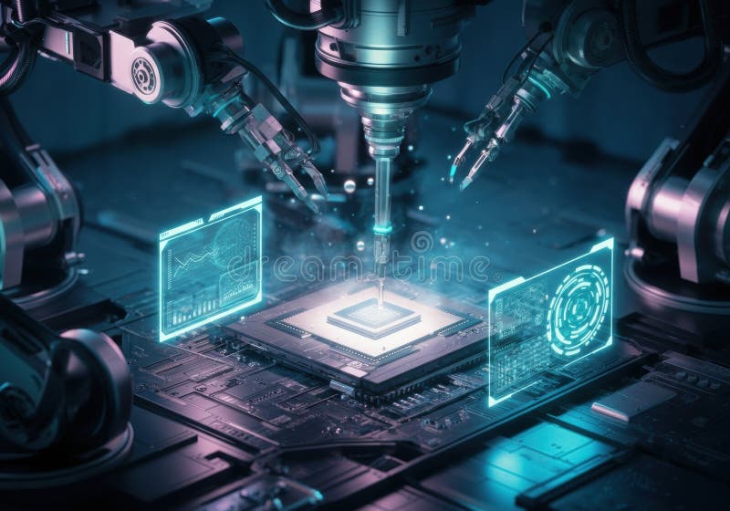 Avancerade robotvapen som sätter ihop ett mikrochip i en högteknologisk miljö arkivfoton