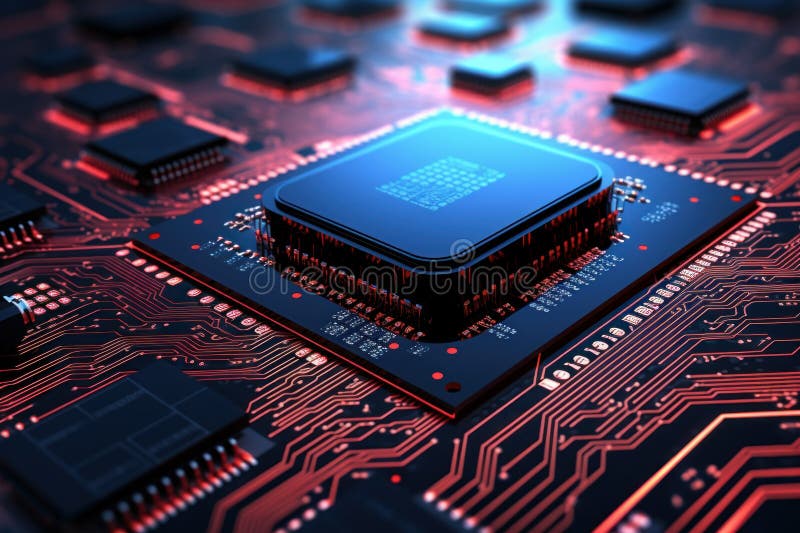 Avant-garde neon microprocessor data magnified. Generate Ai royalty free stock photo