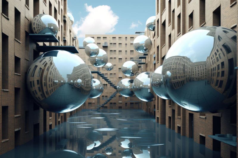 Avant-garde Surreal spheres in yard of futuristic building. Generate ai royalty free illustration