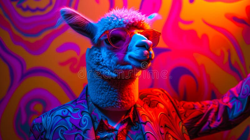 Avant-garde alpaca in avant-garde attire, sporting geometric patterns, against an abstract art backdrop, lit with dramatic spotlights, emanating artistic flair and creativity AI generated. Avant-garde alpaca in avant-garde attire, sporting geometric patterns, against an abstract art backdrop, lit with dramatic spotlights, emanating artistic flair and creativity AI generated