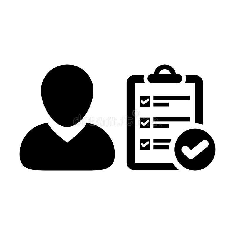 Clipboard icon vector male person profile avatar with survey checklist report document and tick symbol in flat color Glyph Pictogram illustration. Clipboard icon vector male person profile avatar with survey checklist report document and tick symbol in flat color Glyph Pictogram illustration