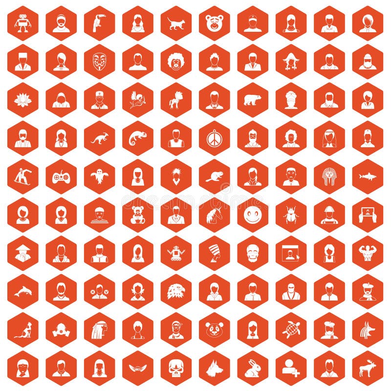 100 avatar icons set in orange hexagon isolated vector illustration. 100 avatar icons set in orange hexagon isolated vector illustration