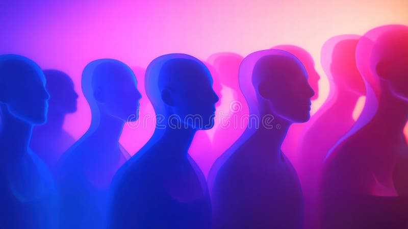 Avatares abstractos sin rostro alineados sobre un fondo de gradiente colorido en un entorno de burla creativa. imagen de archivo libre de regalías