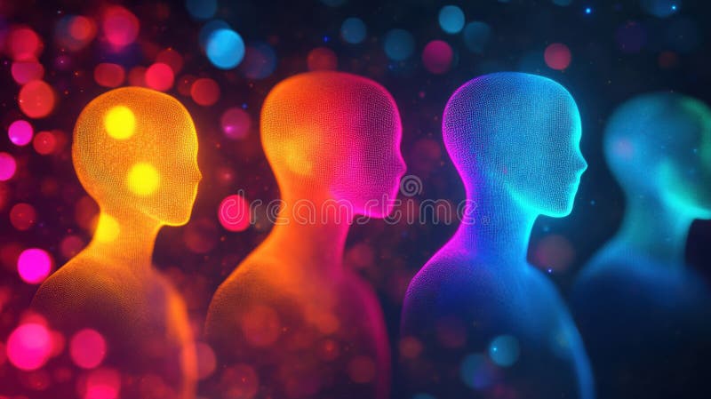 Avatares abstractos sin rostro con iluminación colorida sobre un fondo oscuro para maquetas creativas y colocación de texto imágenes de archivo libres de regalías