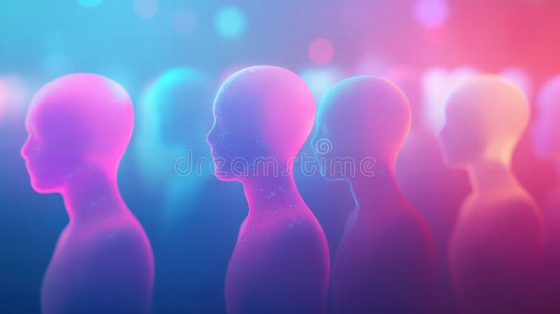 Avatares abstractos sin rostro en colores vibrantes con espacio de copia para colocación de texto. ai generativo. Una serie de avatares sin rostro en tonos rosa y azul parados en una fila contra un fondo suave con espacio disponible para la colocación de texto. generado por ai