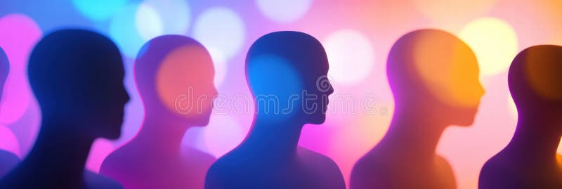 Avatares abstractos sin rostro en colores vibrantes con fondo de bokeh borroso que ofrece espacio para textos y maquetas creativas imágenes de archivo libres de regalías