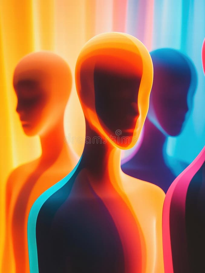 Avatares abstractos sin rostro en colores vibrantes con un enfoque en burla y espacio para el diseño de texto. ai generativo foto de archivo libre de regalías