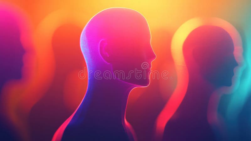 Avatares abstractos sin rostro en colores vivos crean una atmósfera surrealista con amplio espacio para el texto. imagen de archivo