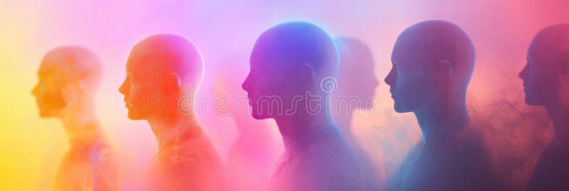 Avatares abstractos sin rostro en un fondo de gradiente colorido con un amplio espacio de copia para la colocación de texto y los imagenes de archivo
