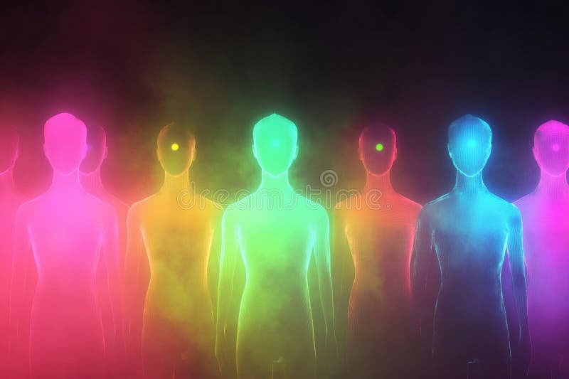 Avatares abstractos sin rostro iluminados en colores vibrantes con amplio espacio para la colocación de texto y la burla creativa imagenes de archivo
