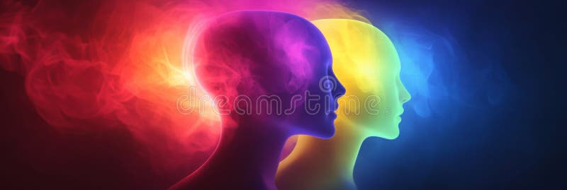 Avatares abstractos y sin rostro llamativos rodeados de colores vibrantes con amplio espacio para el texto y burlarse de los eleme imagenes de archivo