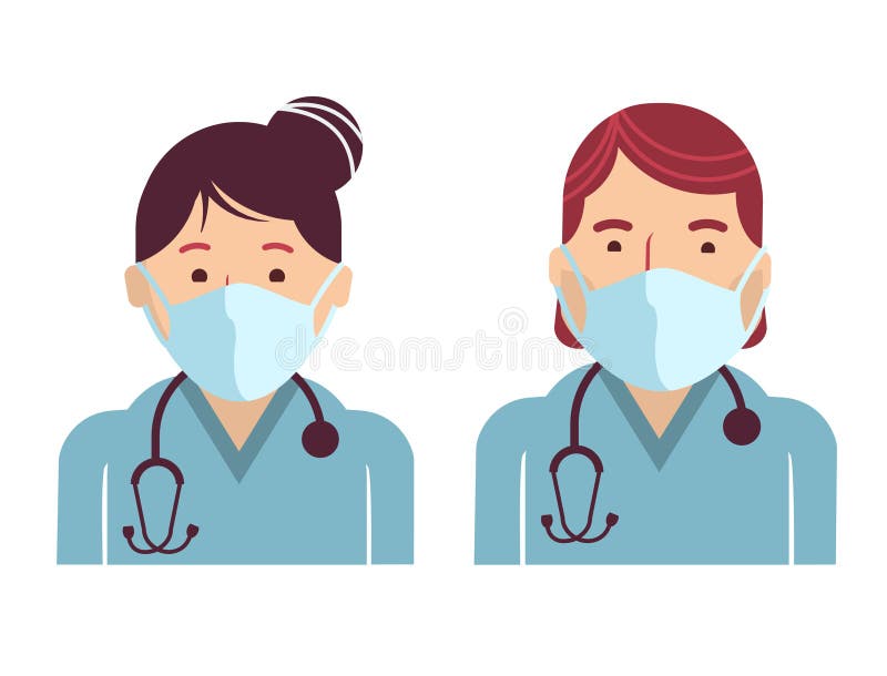 Avatares de trabajadores médicos. doctores vectores en máscaras aisladas en blanco. personal de hospital con uniforme stock de ilustración