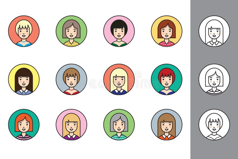 Avatares femeninos en la variedad de colores y de estilos stock de ilustración Avatares femeninos en la variedad de colores y de estilos stock de ilustración