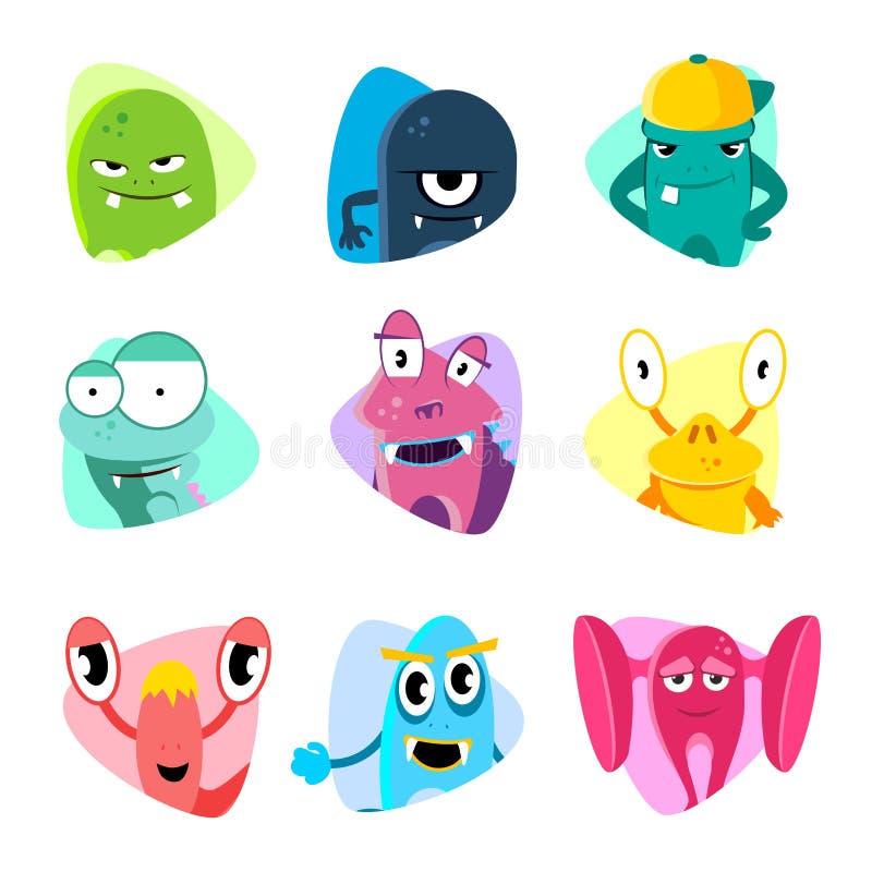 Avatars bonitos e ícones dos desenhos animados Grupo do vetor das caras do monstro ilustração do vetor Avatars bonitos e ícones dos desenhos animados Grupo do vetor das caras do monstro ilustração do vetor