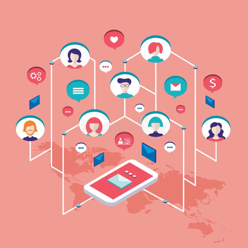 Avatars do usuário dos povos da ilustração do conceito de uma comunicação social da rede e bolhas isométricos do discurso ilustração do vetor Avatars do usuário dos povos da ilustração do conceito de uma comunicação social da rede e bolhas isométricos do discurso ilustração do vetor