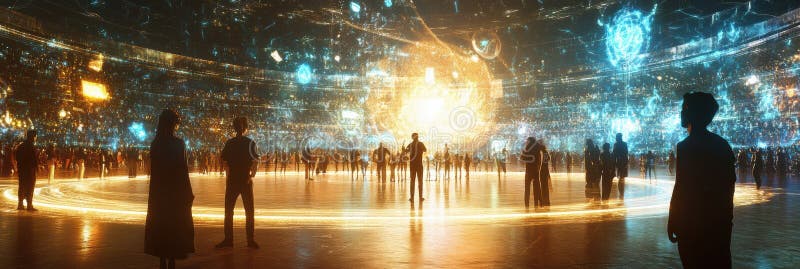 Avatars engage in epic digital battles within a vast virtual arena filled with dynamic visuals and vibrant energy