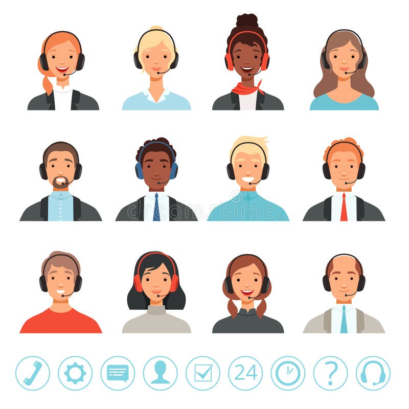 Avatars van call centreexploitanten Mannelijke en vrouwelijke van de hulpmanagers van het klantenservicecontact vector het Webbee