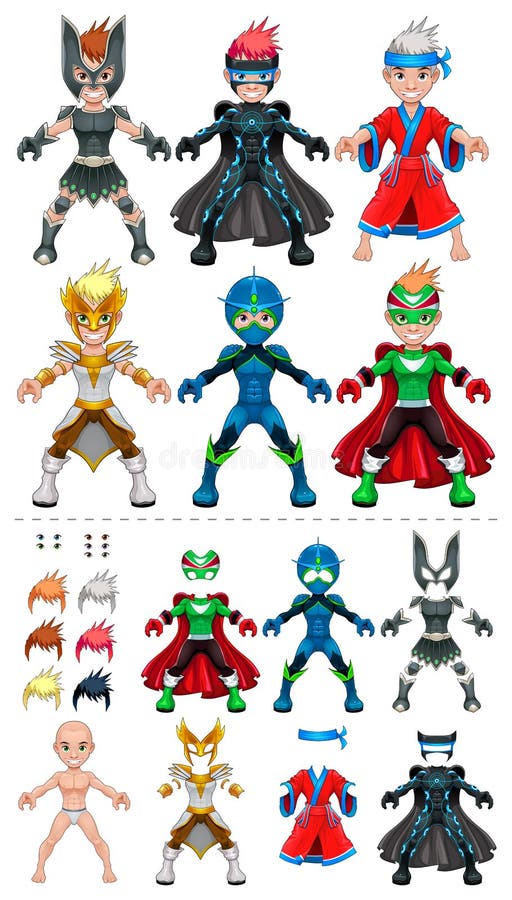 Avatar superheroes vector illustration, isolated objects. All the elements adapt perfectly each others. Larger characters on the top are just examples of various combinations between 5 eyes, 6 hairstyle colors, 6 dresses, on the bottom of the preview. Avatar superheroes vector illustration, isolated objects. All the elements adapt perfectly each others. Larger characters on the top are just examples of various combinations between 5 eyes, 6 hairstyle colors, 6 dresses, on the bottom of the preview.